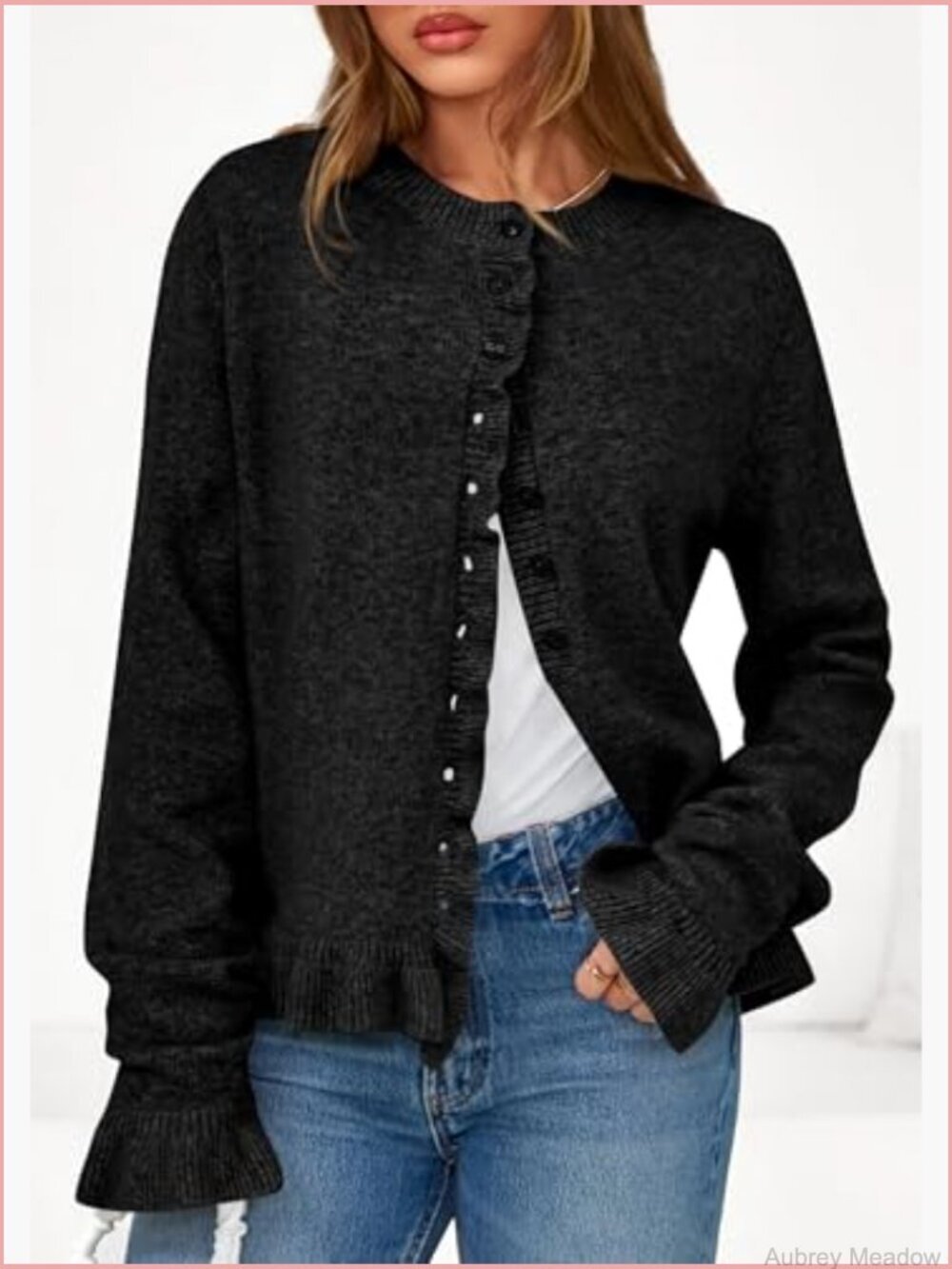 Chunky Knit Ruffle Open Front Cropped Cardigan - Picture 6 of 7